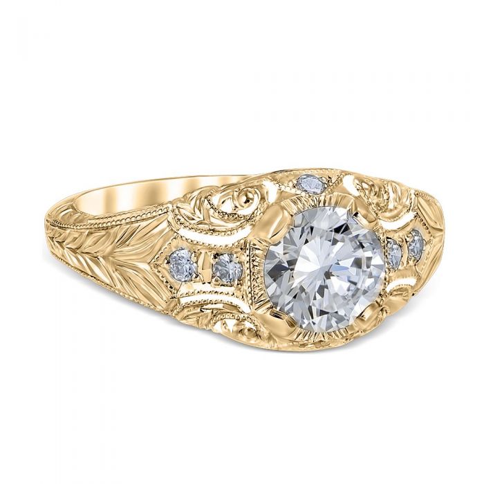 Romanesque Arcade Vintage 18K Yellow Gold & Diamond Filigree Engagement Ring