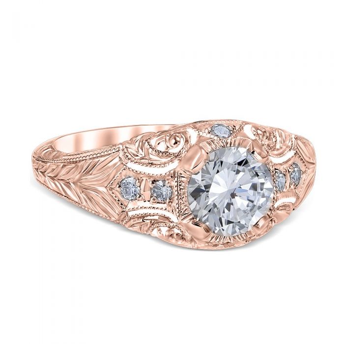 Romanesque Arcade Vintage 14k Rose Gold & Diamond Filigree Engagement Ring
