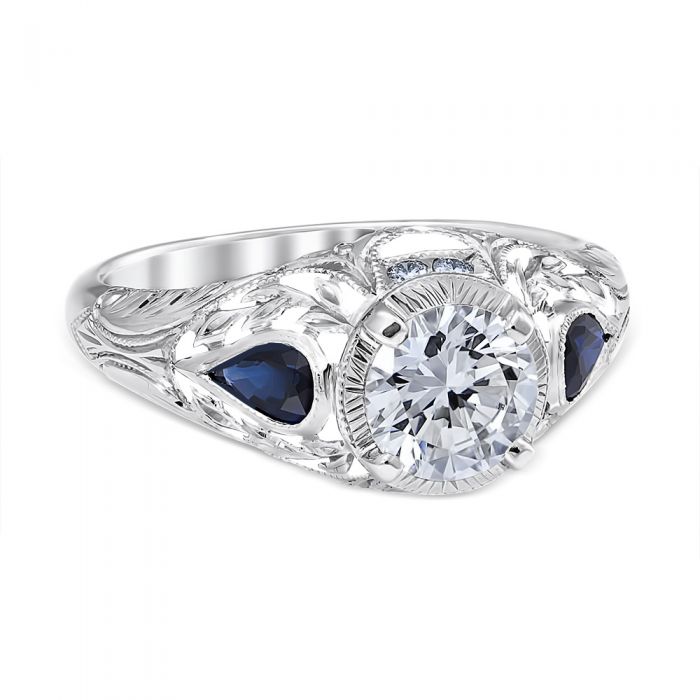 Wreathed Pear - Sapphire Platinum Vintage Engagement Ring