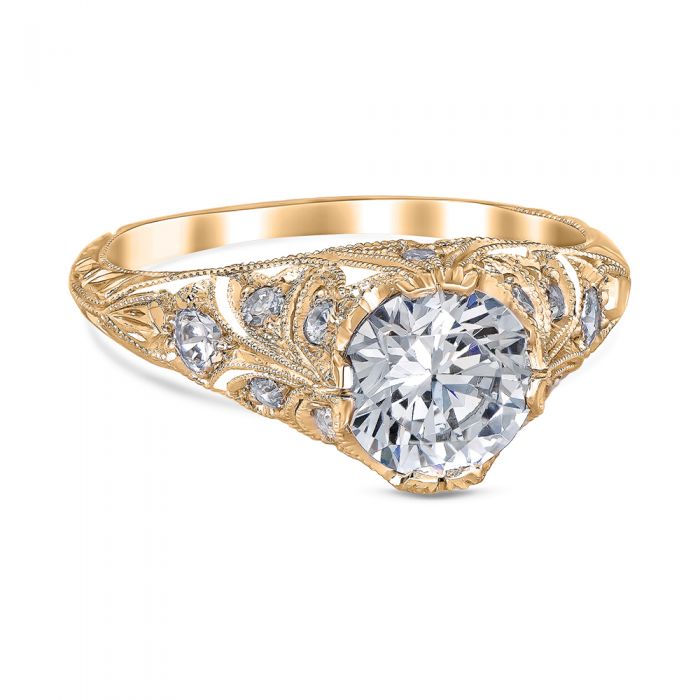 Draping Petal Vintage 18K Yellow Gold & Diamond Filigree Engagement Ring