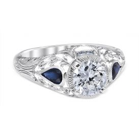 Wreathed Pear - Sapphire 14K White Gold Vintage Engagement Ring
