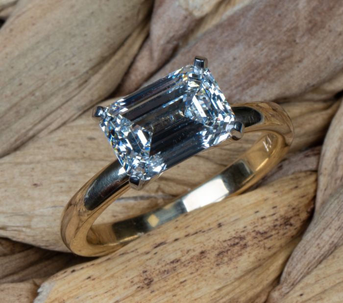 Handmade 14K Yellow Gold & Platinum Emerald Cut Solitaire Ring