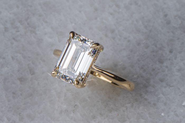 18K yellow gold handmade basket setting ring with hidden halo