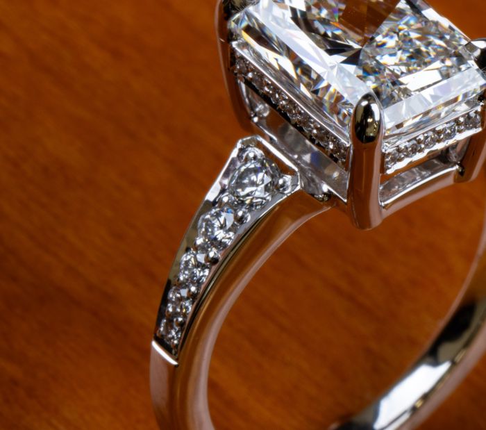 Handmade Platinum Ring with Radiant Center and Hidden Halo