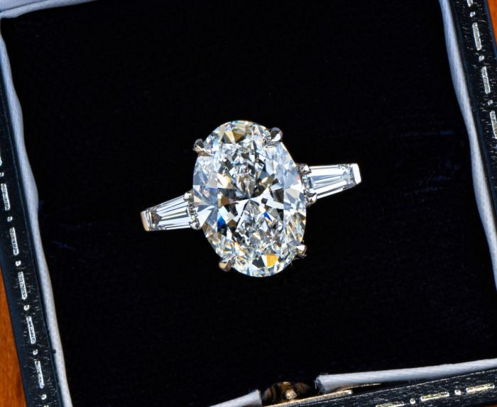 Handmade Oval and Tapered Baguette Three-Stone Ring