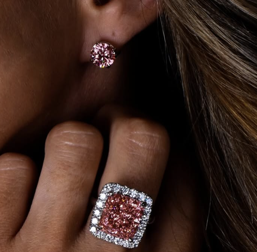 Pink Lab-Grown Diamond Stud Earrings in Handmade Settings, 4.09CTW